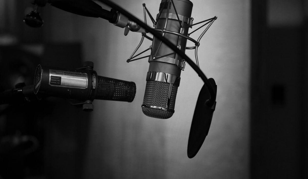 Black and white image of a microphone set up.