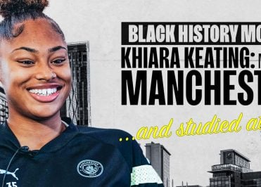 Former Loreto College student Khiara Keating smiling with a backdrop featuring icon images of Manchester.