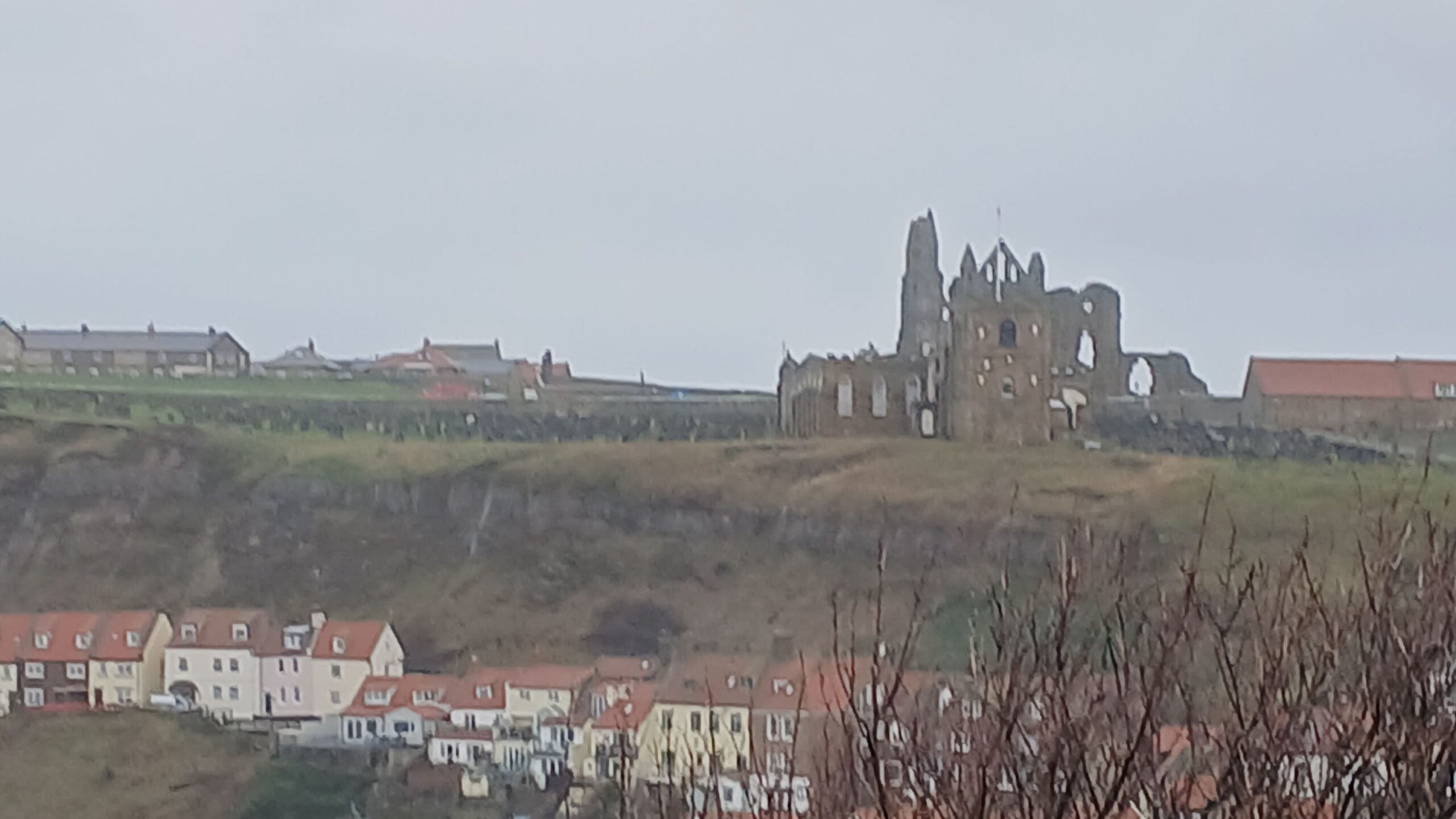 View of Whitby Abbey ruins on a cliff overlooking the town and red‑roofed houses below on an overcast day.