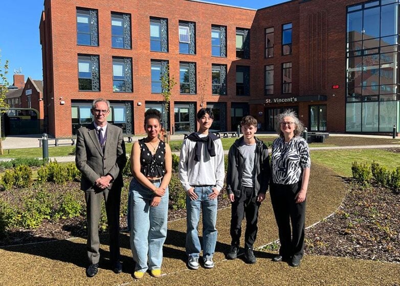 3 Loreto College students with Cambridge offers standing outside the St Vincent’s building with the Principal (left) and Oxbridge Co-ordinator Ms Tattersall